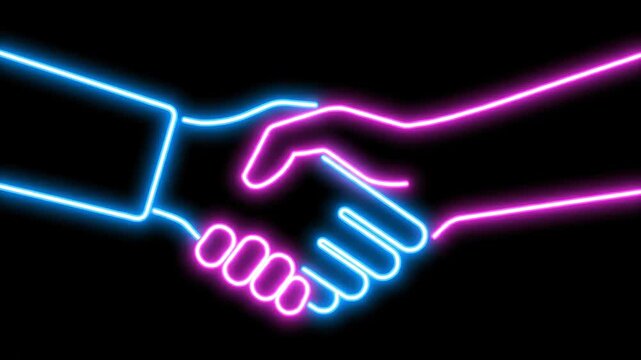 Neon Handshake Illustration on Black Background - A vibrant illustration features two hands in a handshake, video in glowing neon light.