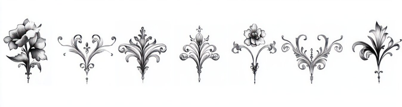 Seven intricately detailed black and white floral and ornamental decorative designs aligned horizontally on a white background