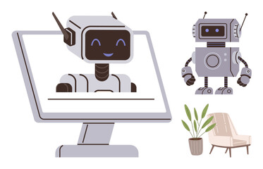 Smiling robot on a monitor, a standing robot, armchair, and plant conveying technology, connection, AI, innovation, futuristic lifestyle. Ideal for AI robotics technology communication