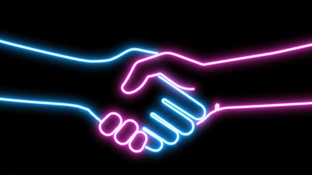 Neon Handshake Illustration - A digital illustration depicts a neon-style handshake against a black background.