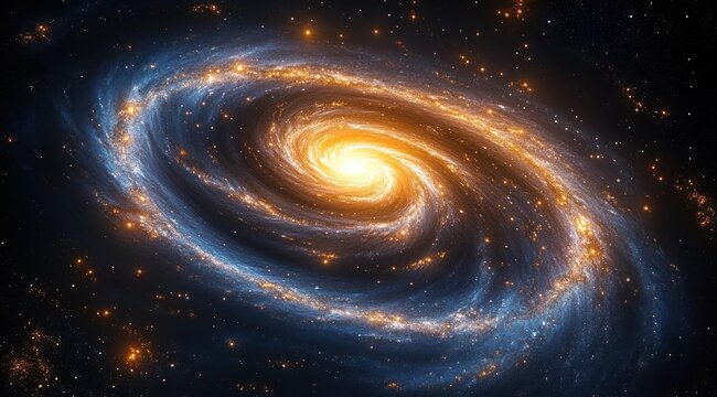 Bright glowing spiral galaxy with swirling blue and golden arms against a star-filled dark space background, evoking a sense of cosmic wonder and vastness