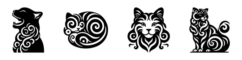 Fototapeta premium Modern Minimalist American Curl Cat Icon, Flat Silhouette of a Sleeping Curled Pet Animal Vector for Feline Illustration Design