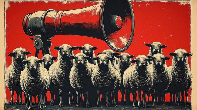 A group of sheep standing closely together in front of a large old-fashioned megaphone against a bold red background, evoking a sense of muted announcement or conformity
