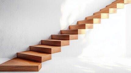 Naklejka premium Floating minimalist wooden staircase attached to a white textured wall with natural light casting soft shadows