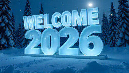 3D WELCOME 2026 Text in a Snowfall Winter Wonderland with Shimmering Snow, Cinematic Lighting, and Magical Whimsical Atmosphere.