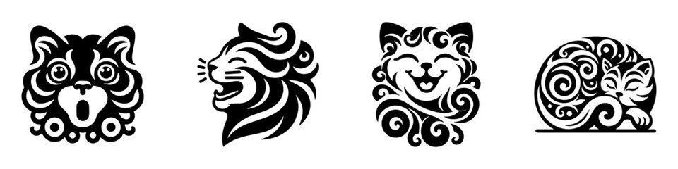 Obraz premium Modern Minimalist American Curl Cat Portrait Icon, Flat Silhouette of a Pet Animal Vector for Feline Illustration Design