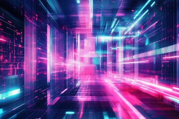 Abstract digital corridor with vibrant neon pink and blue light trails creating a futuristic and dynamic tunnel effect