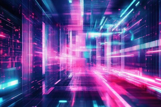Abstract digital corridor with vibrant neon pink and blue light trails creating a futuristic and dynamic tunnel effect