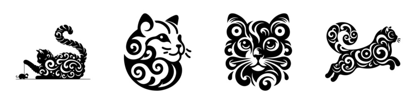 Modern Minimalist American Curl Cat Playing Mouse Icon, Flat Silhouette of a Pet Animal Vector for Feline Illustration Design