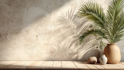 Bohemian Decor: An artistic capture presents a serene composition. Palm fronds are elegantly arranged in a ceramic vase, casting enchanting shadows on a rustic textured wall.