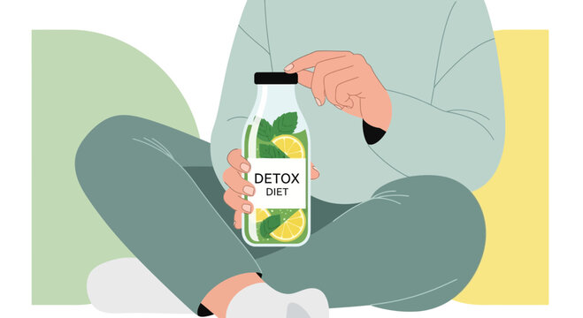 Person relaxing and holding detox water with lemon, mint, healthy lifestyle concept
