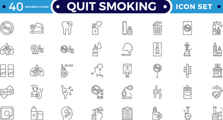 Quit Smoking outline icons. Includes stop, no smoking, tobacco, nicotine, addiction, danger, cancer, and health risk pictograms. Editable stroke outline icon. 