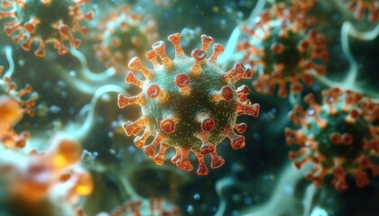 Close-up view of multiple coronavirus particles with detailed protein spikes floating in a blurry microscopic environment, representing microscopic pathogens