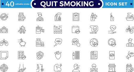Quit Smoking outline icons. Includes stop, no smoking, tobacco, nicotine, addiction, danger, cancer, and health risk pictograms. Editable stroke outline icon. 