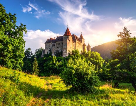 Medieval fortress on a hilltop, lush vegetation, and a radiant sunset - Powered by Adobe