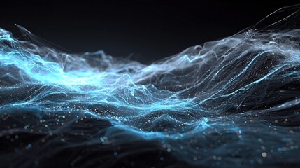 Abstract Digital Network with Glowing Blue Lines and Vibrant Particles on a Dark Background