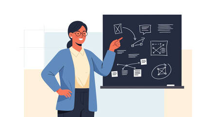 Fototapeta premium Presentation Skills Empowering Female Educator Explaining Visual Data on Blackboard