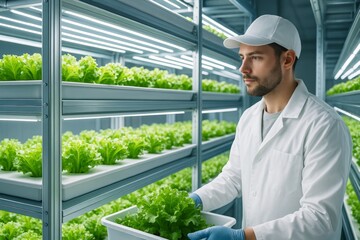 Scientist in clean uniform examining hydroponic lettuce in vertical farm with bright LED lights and metallic industrial background. Ai generative
