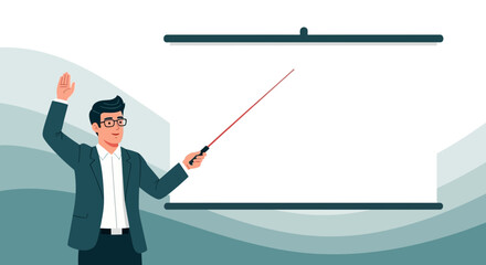 Presenter Character With Pointer And Projection Screen, Presenting A Concept In Front