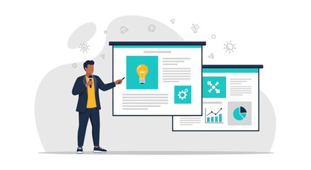 Presenter Delivering Business Presentation Graphics Featuring The Lightbulb And Charts
