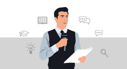 Presenter Delivering Ideas With Mic And Documents, Sharing Knowledge And Information Clearly.
