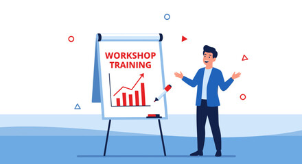 Presenter Demonstrating Statistics On A Workshop Training Whiteboard With Charts And Graphs
