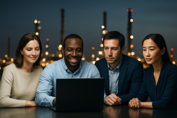 Diverse business team collaborating on project using laptop at night with industrial background lights creating professional atmosphere. Ai generative