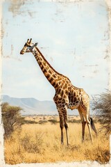 Obraz premium Tall giraffe standing in dry grassland savanna with distant mountains and clear sky, evoking peaceful natural wildlife scene