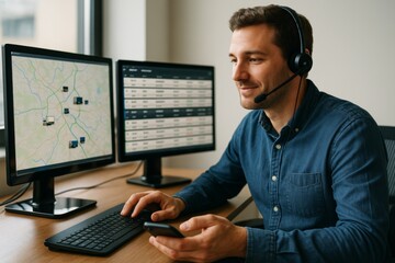 Dispatcher monitoring logistics on dual monitors while using headset and smartphone in modern office with natural light background. Ai generative
