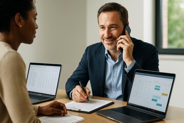 Business professionals discussing data while working in a modern office with laptops, one speaking on phone, in bright background setting. Ai generative