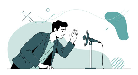 Presenter Gesturing Near Microphone On Stage, Public Speaking, Vector Illustration