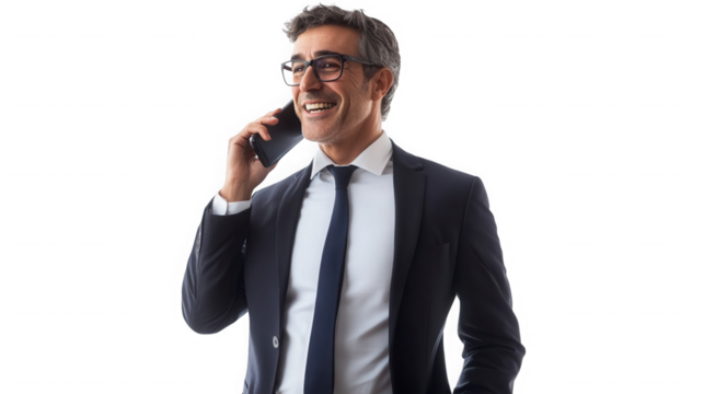 Man in suit and tie wearing glasses smiling while talking on a cell phone against  on transparent background