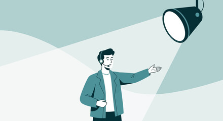 Presenter Illuminated By Spotlight, Engaging Audience With Animated Style Illustration