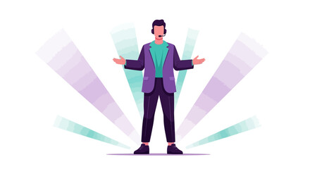 Presenter Illustrates An Overview, Offering Information With Microphone And Open Arms Display