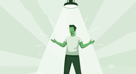 Presenter Illuminated By Overhead Lighting, Delivering A Speech, Green Tones