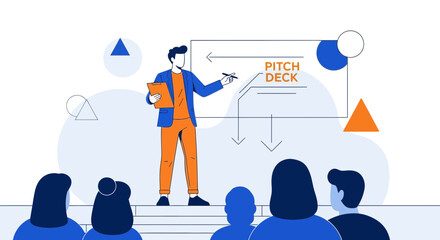 Presenter Outlining Strategy To Audience Using Pitch Deck Visualization In Business Meeting