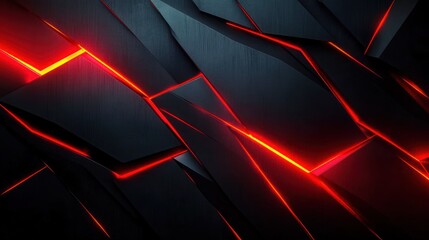 abstract futuristic black geometric shapes with glowing red light lines creating a high-tech dynamic composition