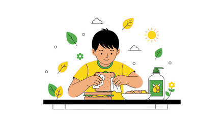 Fototapeta premium Preparing a Sandwich: Simple Illustration of Young Person Crafting Meal In Delightful Setting