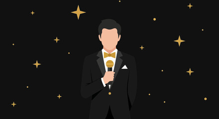 Presenter Speaks Into Microphone With Golden Stars On Black Background