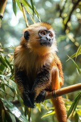 Fototapeta premium Young golden monkey sitting on bamboo branch surrounded by lush green foliage in a tranquil forest setting
