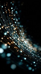 Abstract glowing fiber optic lines with blue and orange lights, illustrating data transfer, digital network, and high-speed technology against a dark background.