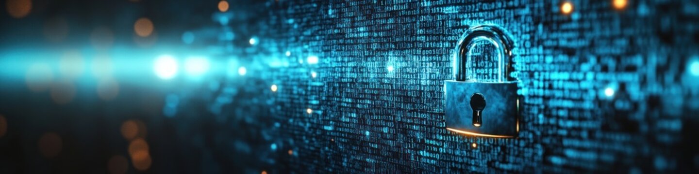 Metal lock symbolizing cybersecurity on a digital background filled with blue binary code illuminating a sense of protection and data security