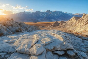 Wide rocky desert landscape with sun setting behind mountain range under blue sky with few clouds