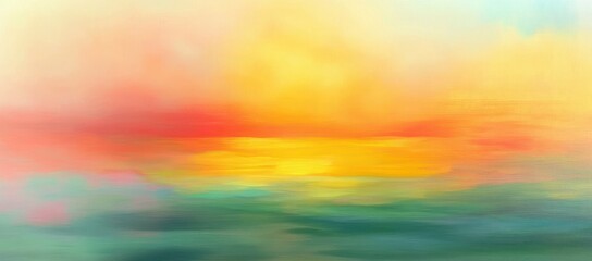Abstract peaceful sunrise or sunset over calm ocean waters with soft gradient sky blending warm yellow, orange, pink hues into cool teal and blue shades