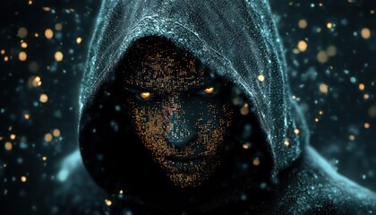 Mysterious figure with glowing eyes and digital pixelated face wearing a hood surrounded by floating light particles in a dark atmospheric setting