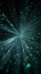 Glowing abstract light beams and sparkling particles radiating on a dark background, symbolizing digital data and technology.