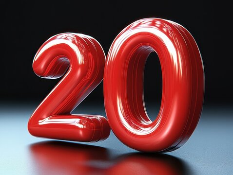 Glossy shiny red number twenty on reflective surface with black gradient background conveying celebration or milestone