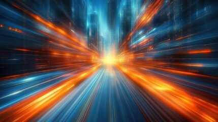 Dynamic light trails in vibrant orange and blue hues converging towards a bright central point, suggesting high-speed motion through a futuristic urban environment