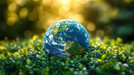 A small earth globe resting on green leafy plants with glowing golden bokeh background symbolizing nature and environmental care
