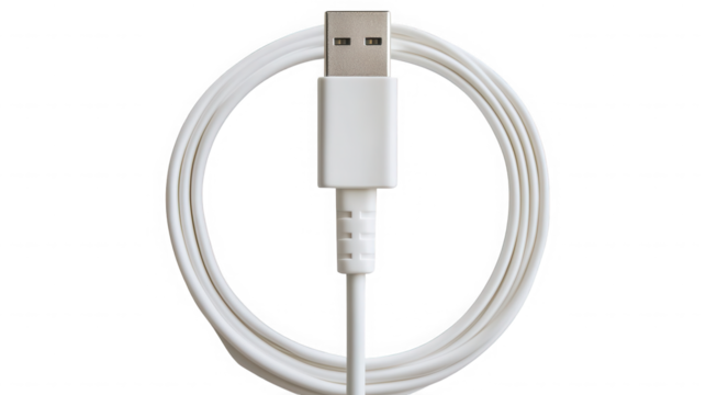 A close up of a white usb cable coiled in a circle on  in a studio setting on transparent background